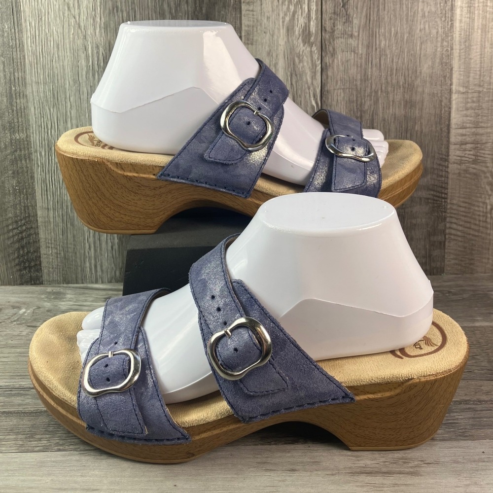 Dansko Blue Metallic Floral Leather Buckle Slide Wedge Sandals Size 41 984155220